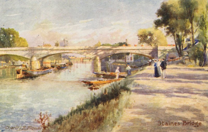Themsen: Staines Bridge (farvelitografi) af Charles Edwin Flower