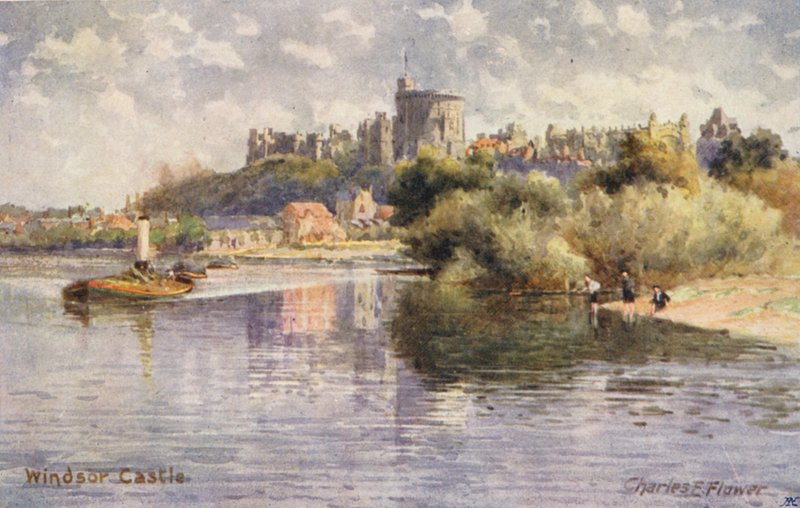 Themsen: Windsor Castle (farvelitografi) af Charles Edwin Flower