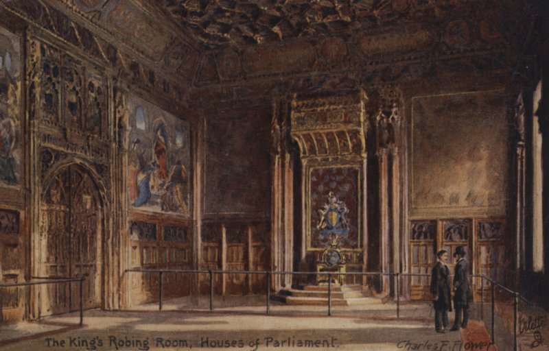 Kongens Robing Room, Houses of Parliament (farve litho) af Charles Edwin Flower