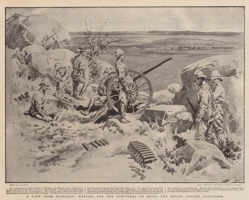 Udsigt fra Coleskop, mens vi ventede på at haubitserne skulle beskyde kopjerne omkring Colesberg af Charles Edwin Fripp
