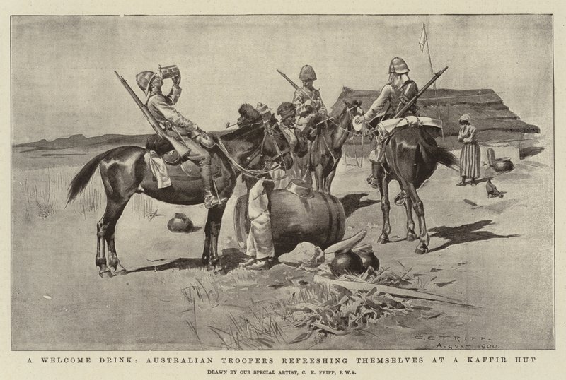 En velkomstdrink, australske troopers, der forfrisker sig på en Kaffir Hut af Charles Edwin Fripp