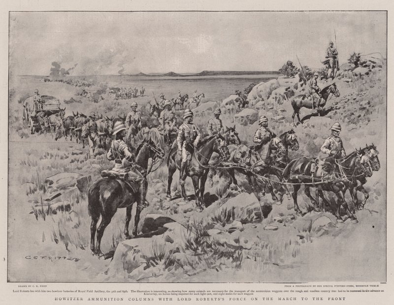 Howitzer-ammunitionssøjler med Lord Roberts styrke på frontmarchen af Charles Edwin Fripp