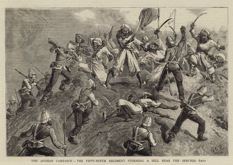 Den afghanske kampagne, det 59. regiment stormer en bakke nær Sebundi-passet af Charles Edwin Fripp