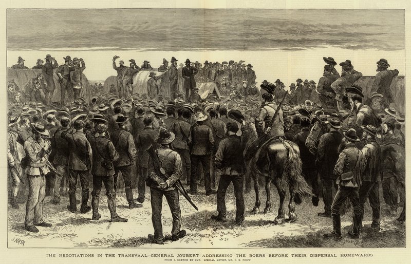 Forhandlingerne i Transvaal, General Joubert taler til boerne før deres afrejse hjemad af Charles Edwin Fripp