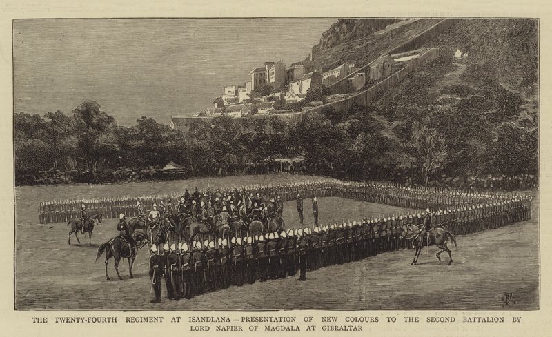 Det 24. regiment ved Isandlana, præsentation af nye faner til den anden bataljon af Lord Napier af Magdala ved Gibraltar af Charles Edwin Fripp