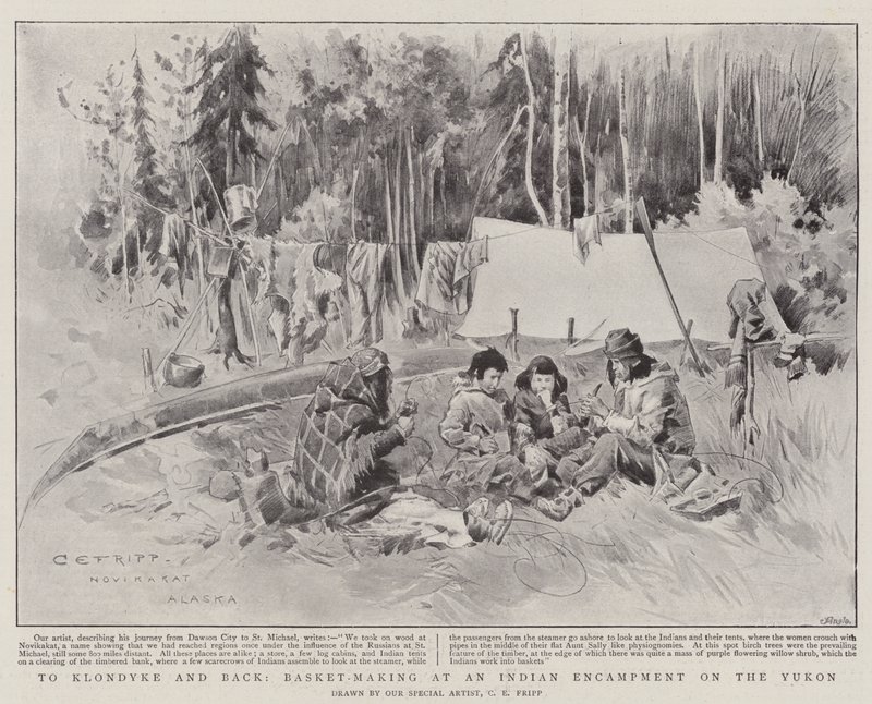 Til Klondyke og tilbage, kurvfremstilling ved en indisk lejr på Yukon (litho) af Charles Edwin Fripp