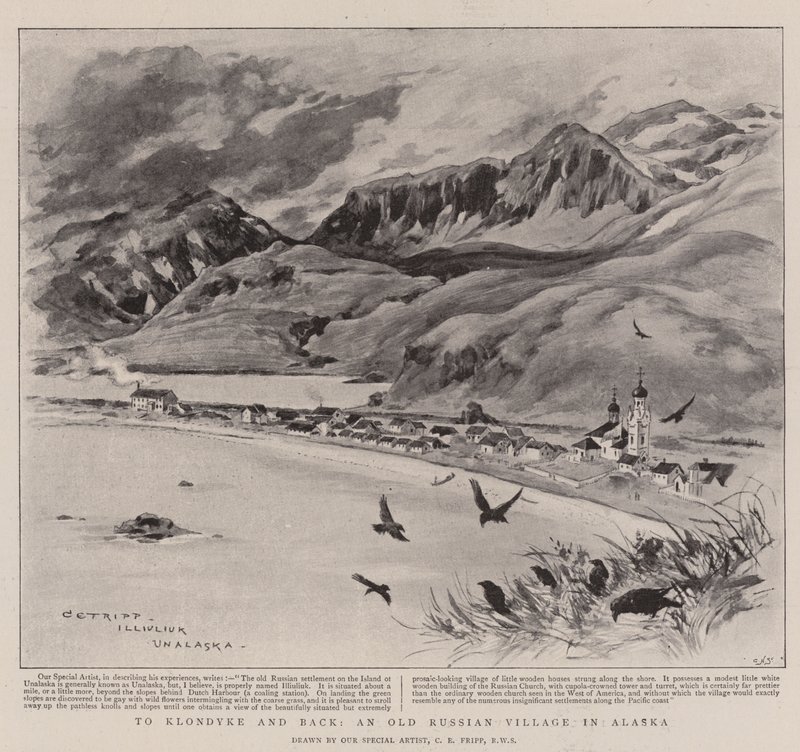 Til Klondyke og tilbage, en gammel russisk landsby i Alaska (litho) af Charles Edwin Fripp