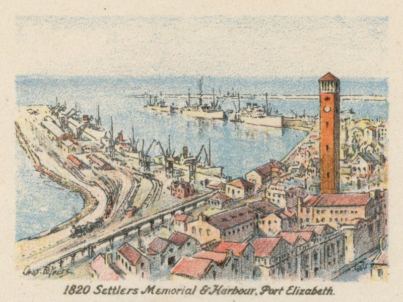 Sydafrika: 1820 Settlers Memorial and Harbour, Port Elizabeth (farvelitografi) af Charles Ernest Peers