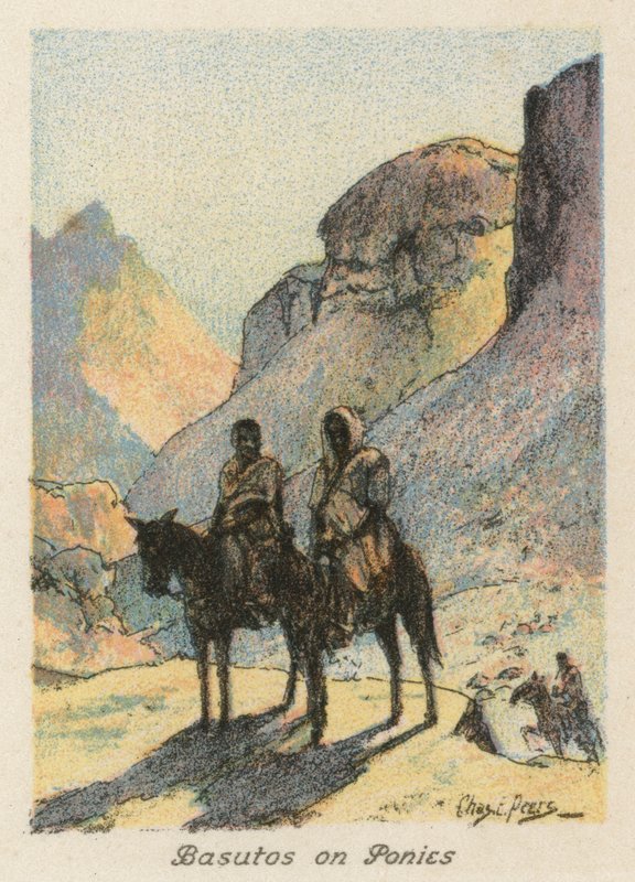 Sydafrika: Basutos på ponyer (farvelitografi) af Charles Ernest Peers