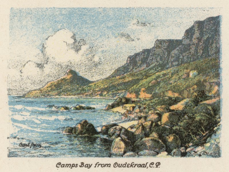Sydafrika: Camps Bay fra Oudekraal, CP (farvelitografi) af Charles Ernest Peers