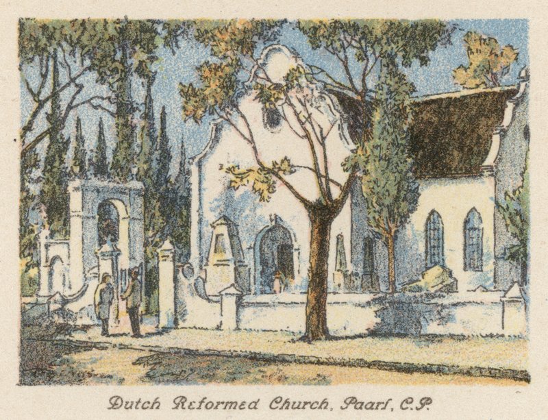 Sydafrika: Hollandsk reformeret kirke, Paarl, CP (farvelitografi) af Charles Ernest Peers