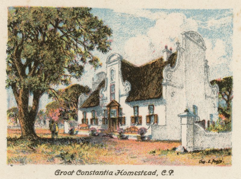 Sydafrika: Groot Constantia Homestead, CP (farvelitografi) af Charles Ernest Peers