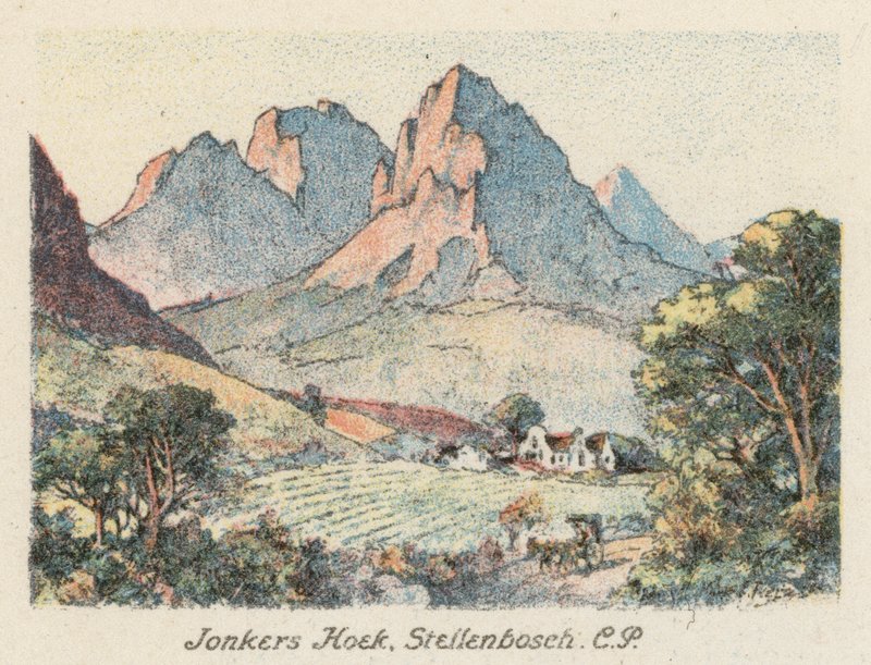 Sydafrika: Jonkers Hoek, Stellenbosch, CP (farvelitografi) af Charles Ernest Peers