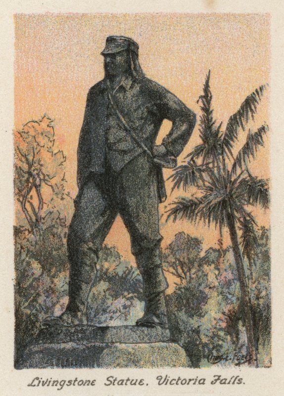 Sydafrika: Livingstone-statuen, Victoria Falls (farvelitografi) af Charles Ernest Peers