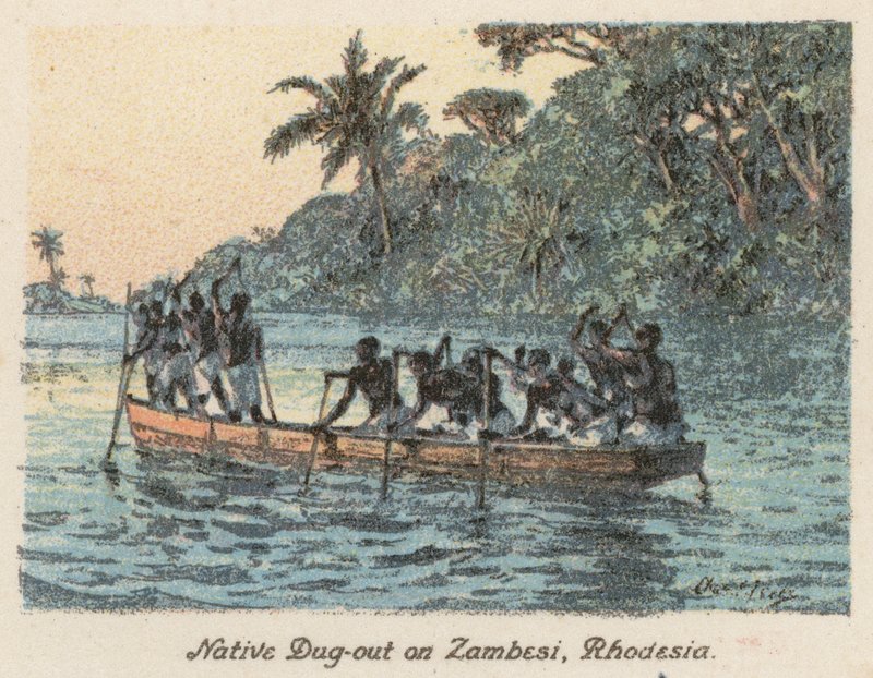 Sydafrika: Native Dug-out på Zambesi, Rhodesia (farvelitografi) af Charles Ernest Peers