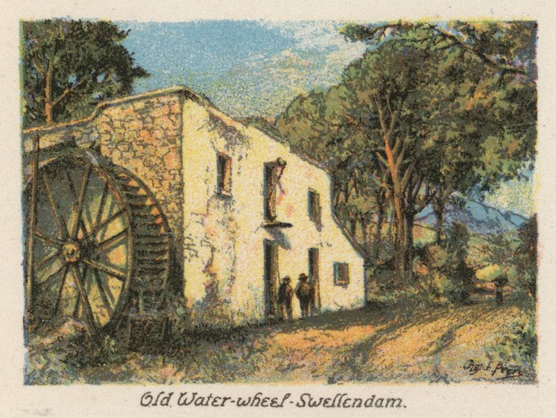 Sydafrika: Det gamle vandhjul, Swellendam (farvelitografi) af Charles Ernest Peers