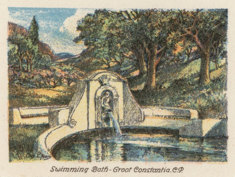 Sydafrika: Svømmebad, Groot Constantia, CP (farvelitografi) af Charles Ernest Peers