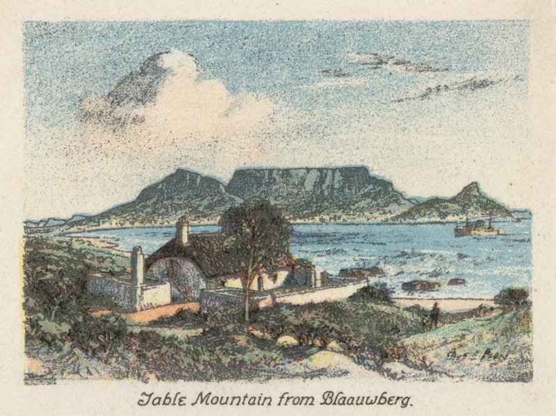 Sydafrika: Taffelbjerget fra Blaauwberg (farvelitografi) af Charles Ernest Peers