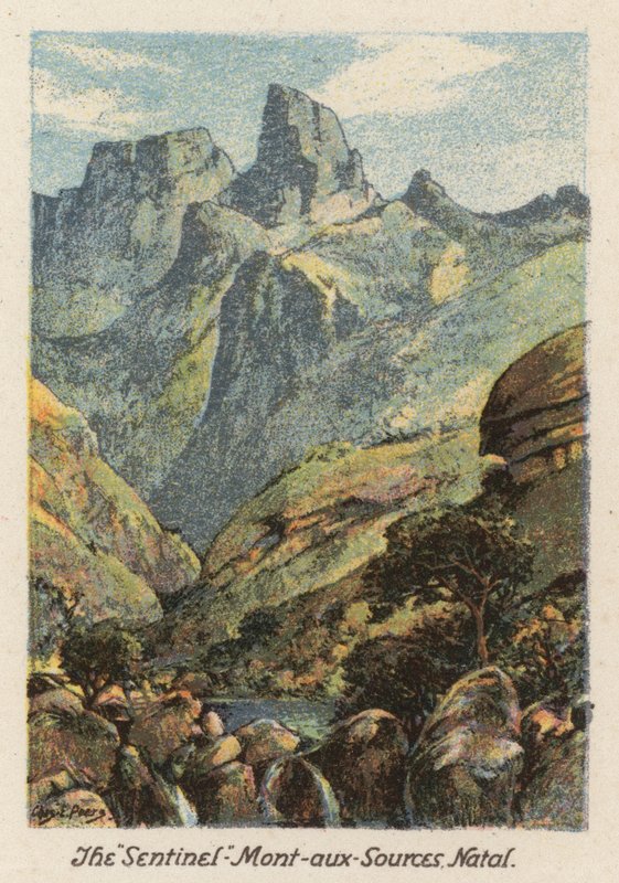 Sydafrika: "Sentinel", Mont-aux-Sources, Natal (farvelitografi) af Charles Ernest Peers