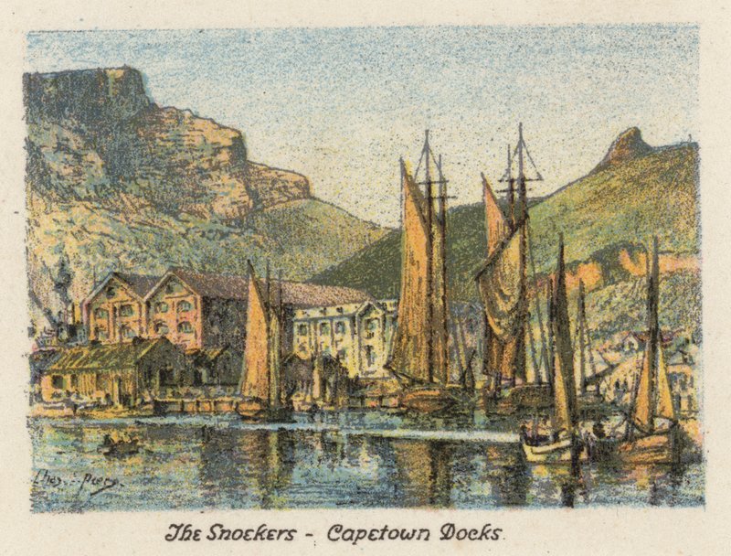Sydafrika: The Snoekers, Capetown Docks (farvelitografi) af Charles Ernest Peers