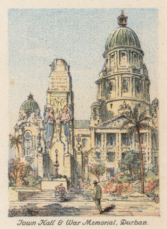 Sydafrika: Rådhus og krigsmindesmærke, Durban (farvelitografi) af Charles Ernest Peers
