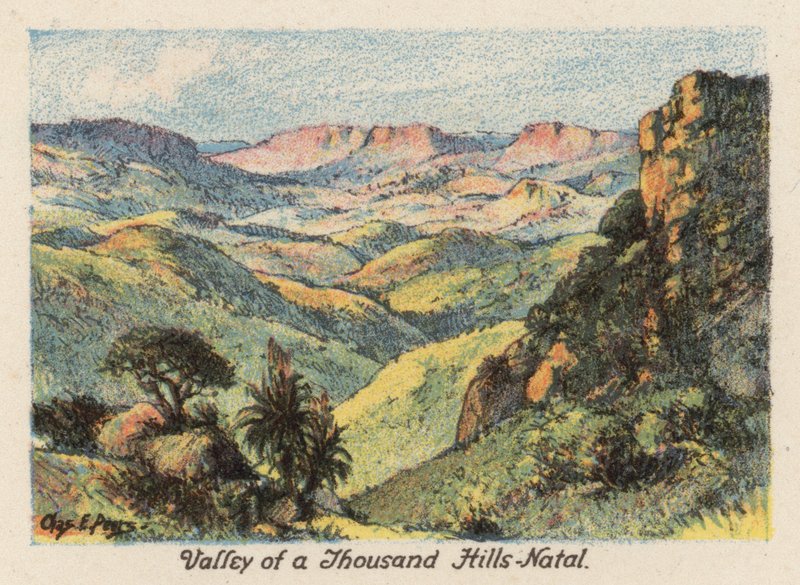 Sydafrika: Valley of a Thousand Hills, Natal (farvelitografi) af Charles Ernest Peers