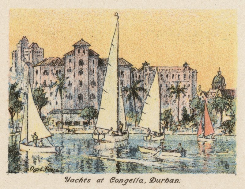 Sydafrika: Yachter ved Congella, Durban (farvelitografi) af Charles Ernest Peers