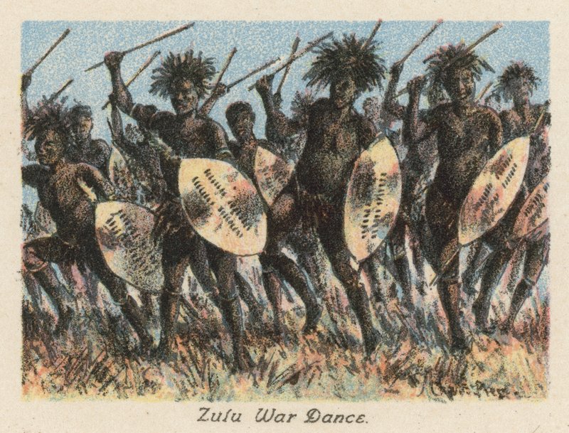 Sydafrika: Zulu-krigsdans (farvelitografi) af Charles Ernest Peers