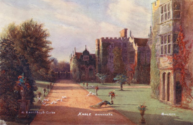 Knole House: Sydfronten, mod vest (farvelitografi) af Charles Essenhigh Corke