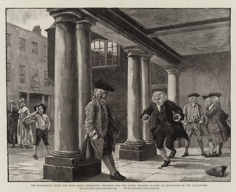 Kolonnaden under rådhuset, Rochester, Hogarth og de andre pilgrimme, der leger på Hopscotch on the Flagstones af Charles Green