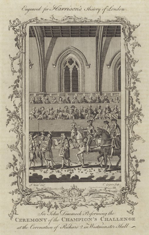 Sir John Dimmock udfører ceremonien for Champions Challenge ved Coronation of Richard II i Westminster Hall, 1377 af Charles Grignion