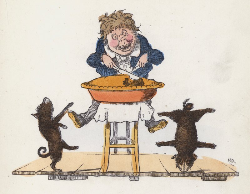 Dreng spiser en tærte, mens hans hund udfører akrobatiske bedrifter (farvegravering) af Charles Henry (after) Bennett