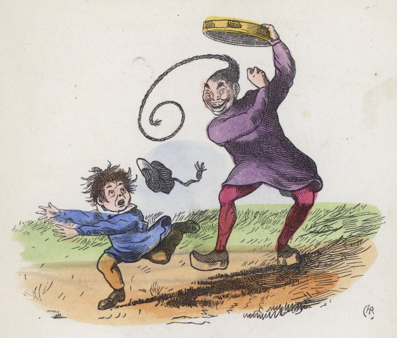 Dreng skræmt af en kineser, der spiller en tamburin (farvet indgravering) af Charles Henry (after) Bennett
