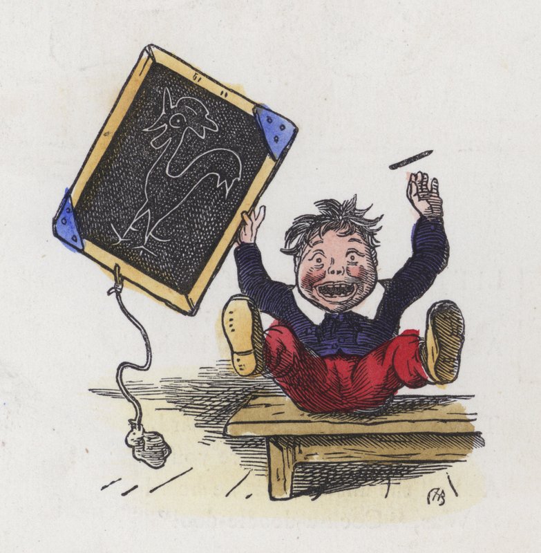 Dreng med et billede af en hane tegnet på en tavle (farvet indgravering) af Charles Henry (after) Bennett
