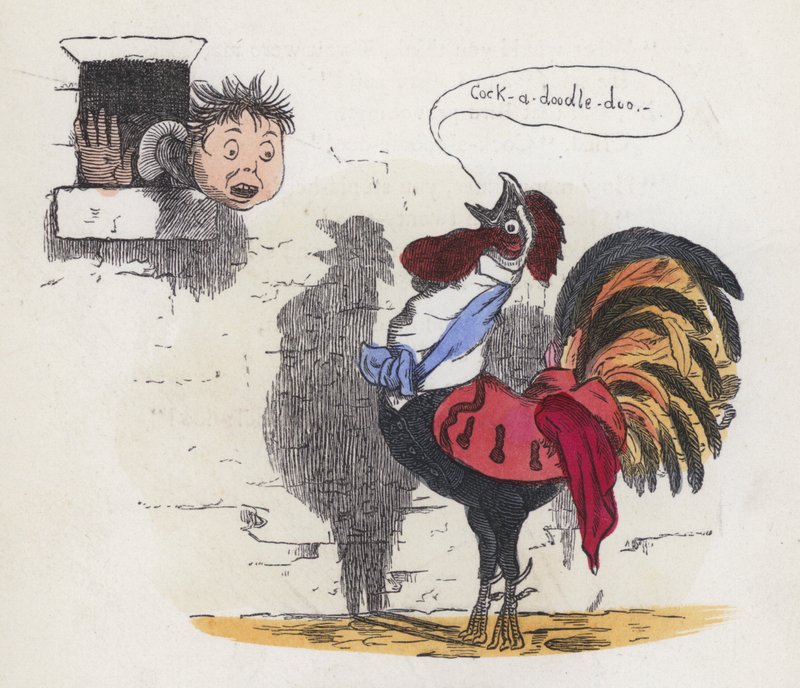 Dreng vækket af en hane, der galer (farvet indgravering) af Charles Henry (after) Bennett