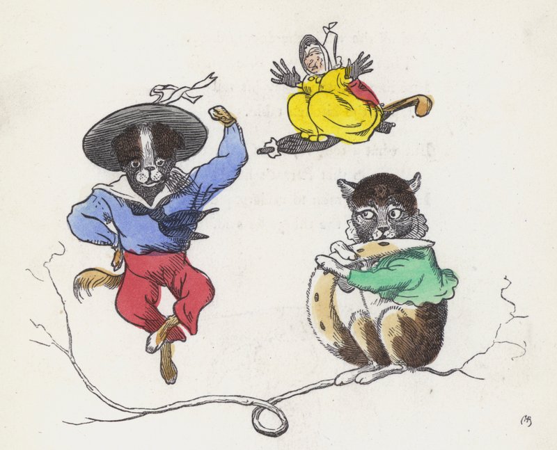 Dame Trottypeg og hendes kat og hund (farvet indgravering) af Charles Henry (after) Bennett