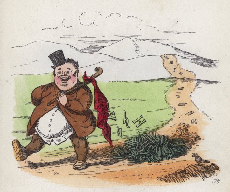 Fed mand, der går langs en vej og taber sine kløer (farvet indgravering) af Charles Henry (after) Bennett