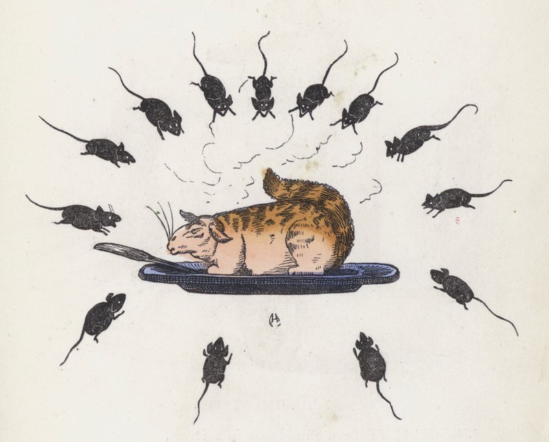 Gluten kat på en tallerken omgivet af sultne mus (farvet indgravering) af Charles Henry (after) Bennett