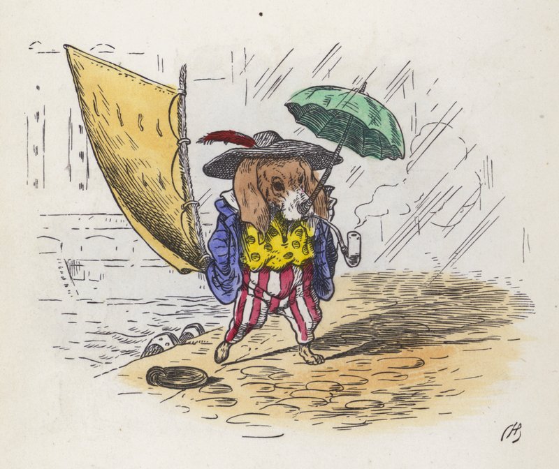Lille Jack Tar: hund, der bruger sin hale til et sejl og sin næse til en paraply (farvet indgravering) af Charles Henry (after) Bennett