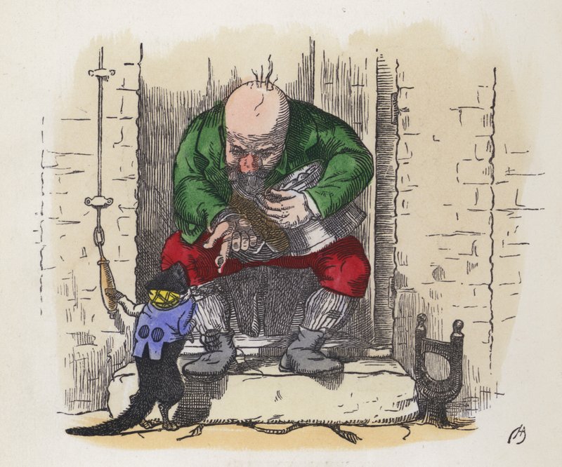 Lille sort kat, der ringer på en mands dørklokke (farvet indgravering) af Charles Henry (after) Bennett