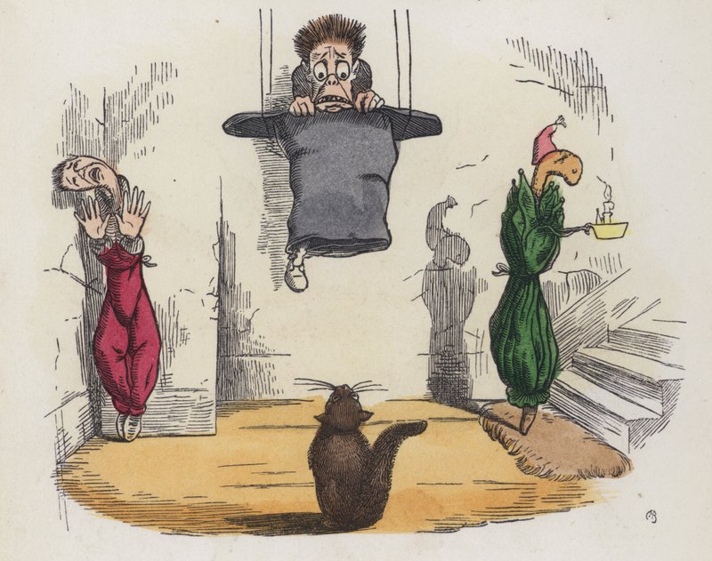 Mand, der hænger fra loftet i sin hat, fordi han er bange for en kat (farvet indgravering) af Charles Henry (after) Bennett