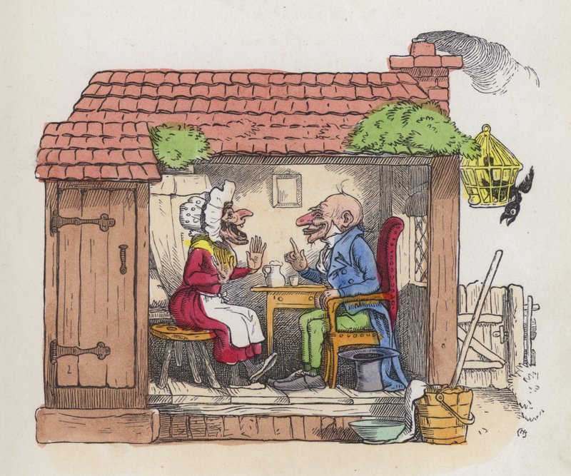 Mand får sin kone til at grine (farvet gravering) af Charles Henry (after) Bennett