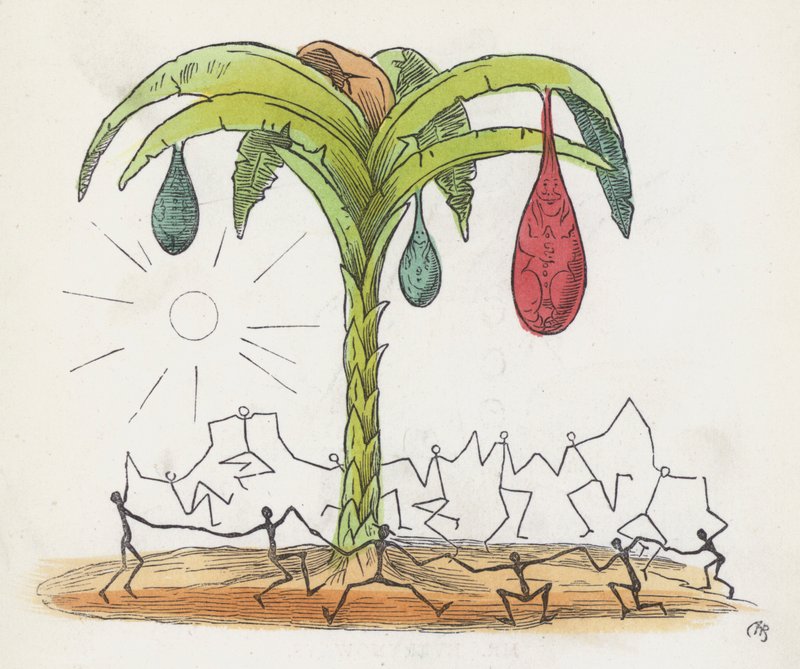 Pindemænd, der danser rundt om et træ (farvet indgravering) af Charles Henry (after) Bennett