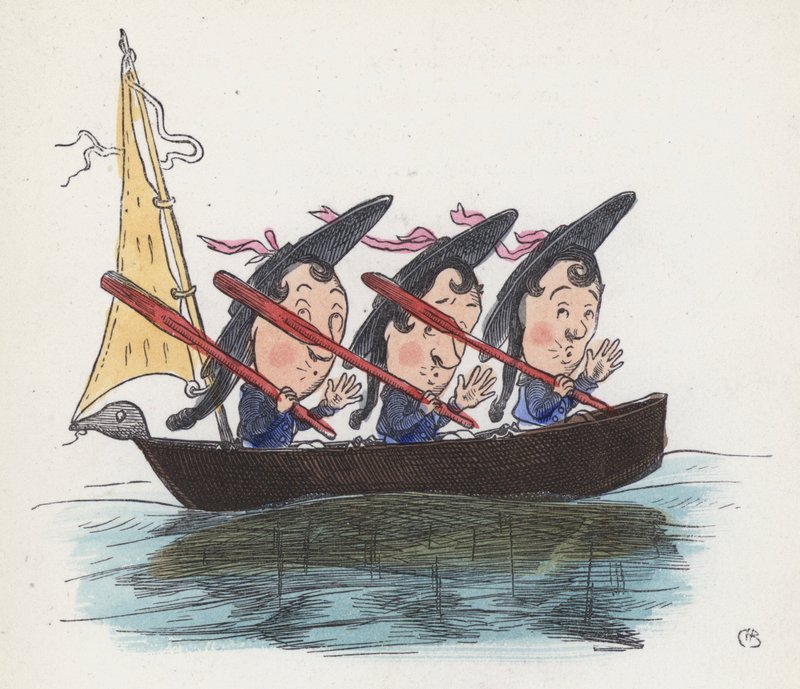 Tre sømænd i en båd (farvet indgravering) af Charles Henry (after) Bennett