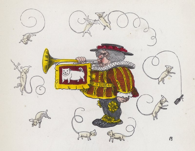 Byråber, der blæser i trompet, omgivet af krøllede hunde (farvet indgravering) af Charles Henry (after) Bennett