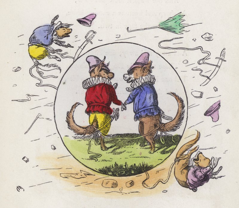 To hunde i Tudor-kostume ud og gå en tur på en blæsende dag med deres fortællinger bundet sammen for at forhindre dem i at blive blæst væk (farvet indgravering) af Charles Henry (after) Bennett