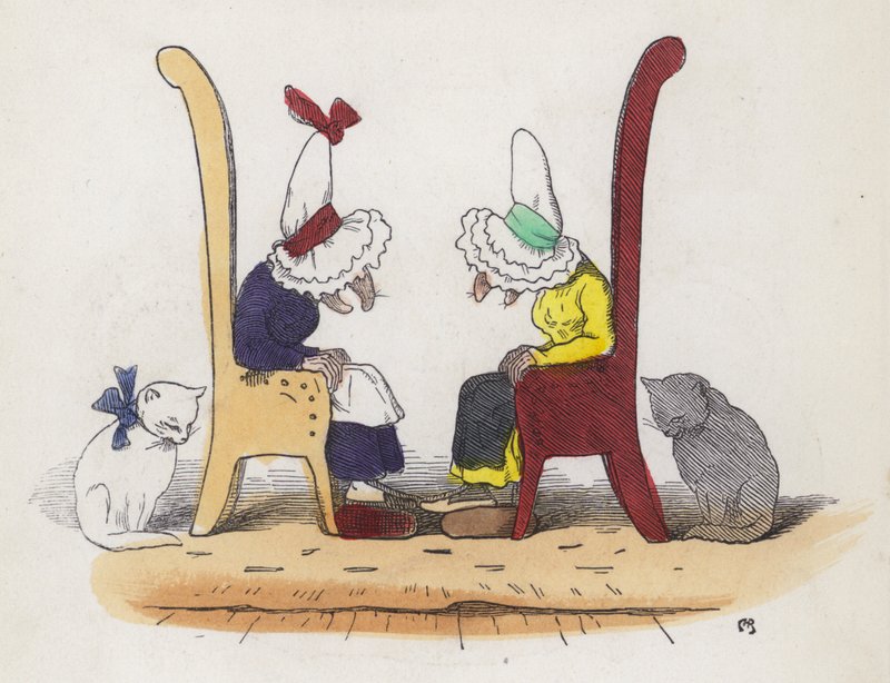 To gamle koner taler og falder i søvn (farvet indgravering) af Charles Henry (after) Bennett