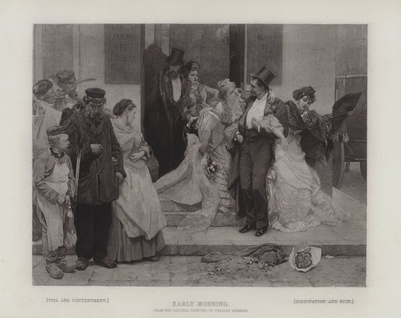 Tidlig morgen, der viser kontrasten mellem: Slid og tilfredshed; og Dissipation og Ruin (dybtryk) af Charles Hermans