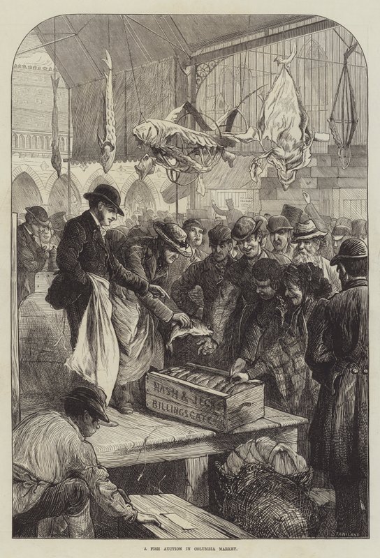 En fiskeauktion i Columbia Market (gravering) af Charles J. (after) Staniland