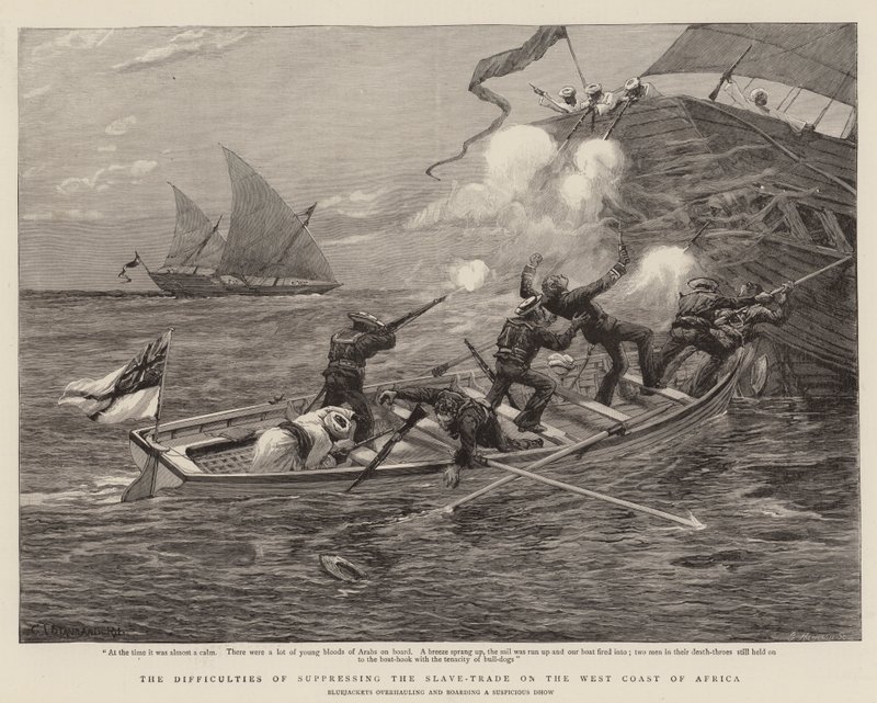 Vanskelighederne ved at undertrykke slavehandelen på Afrikas vestkyst (gravering) af Charles J. (after) Staniland